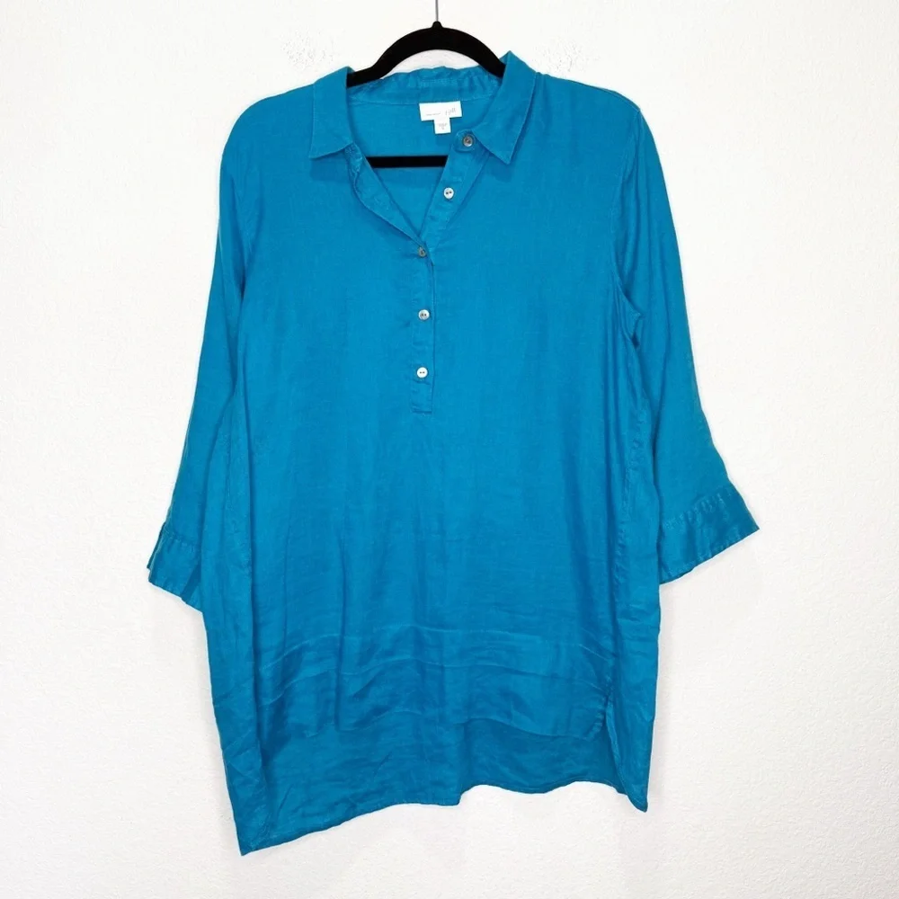 J. Jill Love Linen Tahitian Teal Popover Button Tunic Top Blouse - Picture 2 of 10